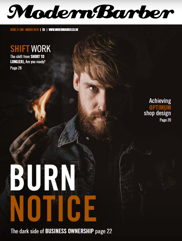 The Dark Stag Leather Barber Tool Roll featured in Modern Barber Magazine Jan-March edition 3