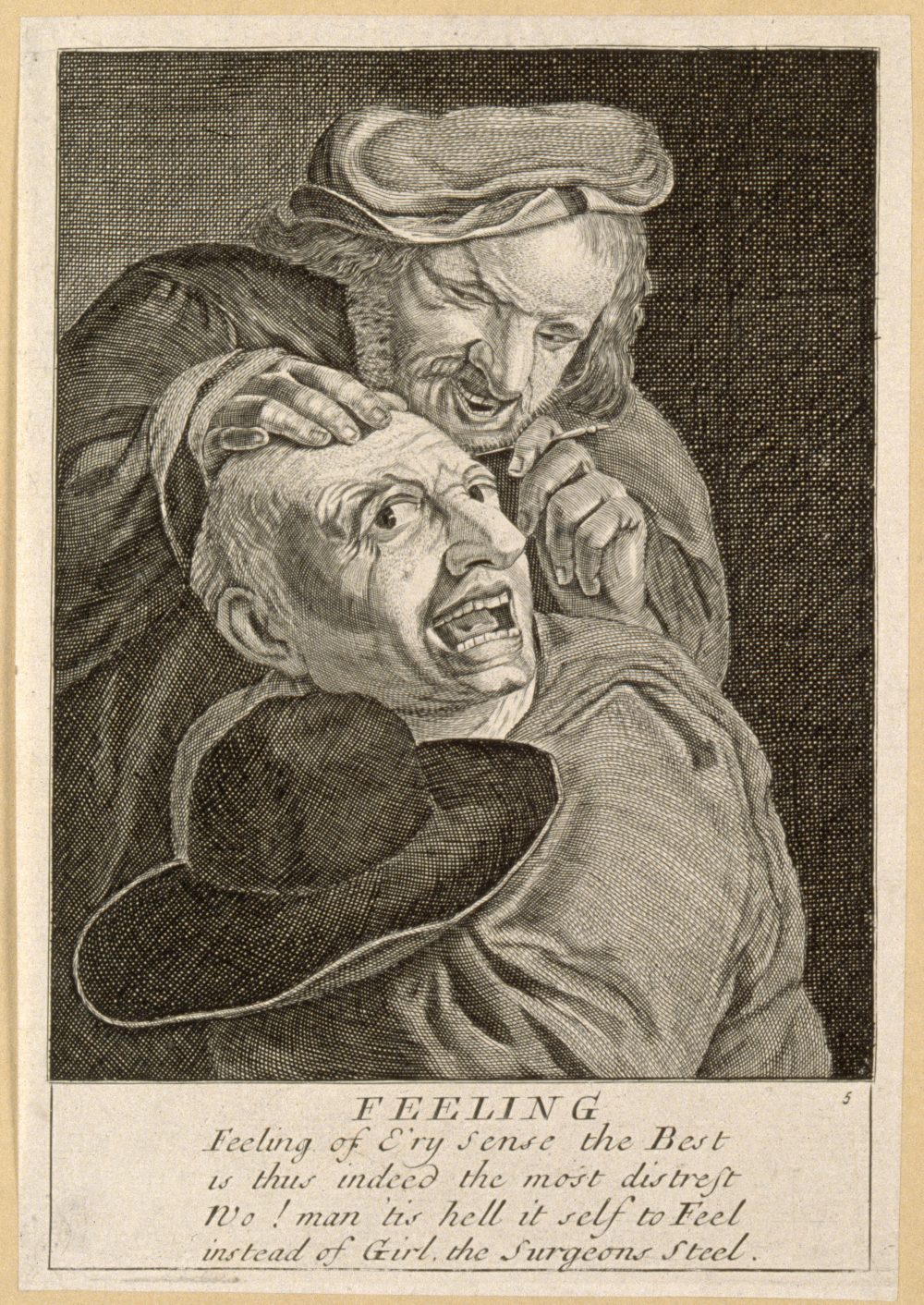 A barber-surgeon operating on a man's head; representing the sense of touch